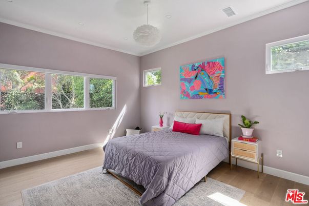 Bedroom, Interior, Pendant Lights, Recessed Lighting, Wood Texture Flooring