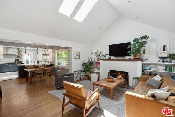 Dining room, Fireplace, Interior, Kitchen, Living room, Pendant Lights, Wood Texture Flooring