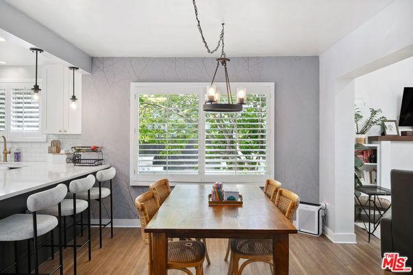 Dining room, Interior, Pendant Lights, Recessed Lighting, Wood Texture Flooring