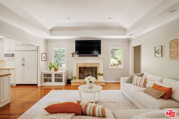 Fireplace, Interior, Living room, Recessed Lighting, Wood Texture Flooring