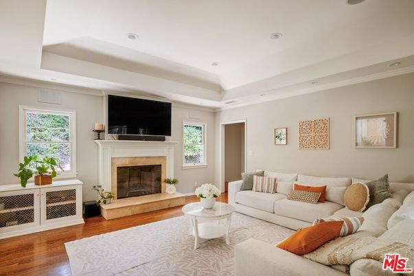 Fireplace, Interior, Living room, Recessed Lighting, Wood Texture Flooring