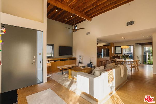 Dining room, Interior, Living room, Pendant Lights, Recessed Lighting, Wooden Beams, Wooden Ceilings, Wood Texture Flooring
