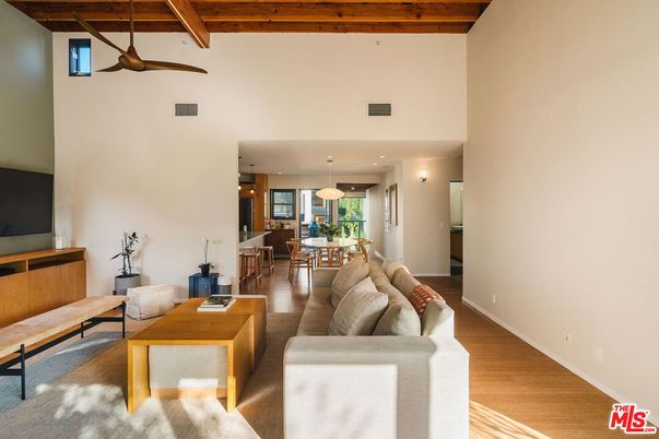 Dining room, Interior, Living room, Pendant Lights, Recessed Lighting, Wooden Beams, Wooden Ceilings, Wood Texture Flooring
