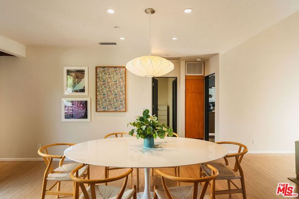 Dining room, Interior, Pendant Lights, Recessed Lighting, Wood Texture Flooring