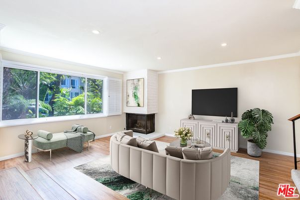Fireplace, Interior, Living room, Recessed Lighting, Wood Texture Flooring