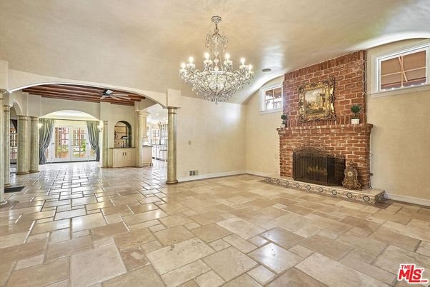 Chandelier, Fireplace, Interior, Stone Walls, Wooden Beams