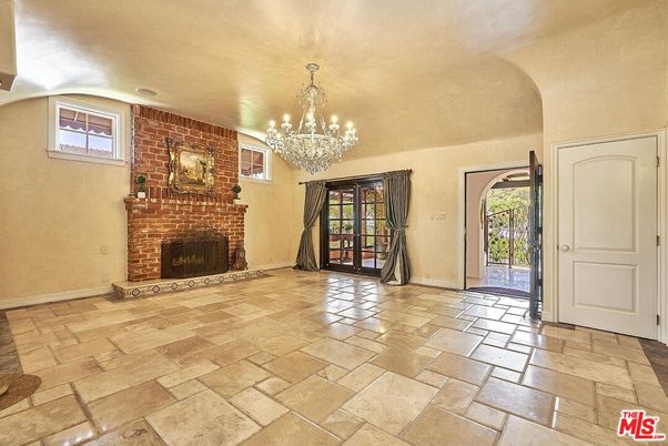 Chandelier, Fireplace, Interior, Stone Walls
