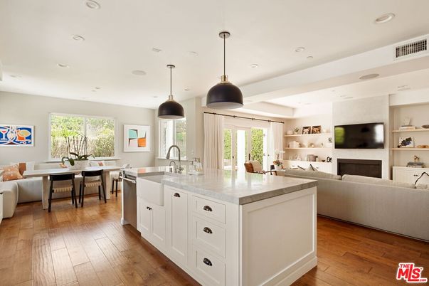 Dining room, Fireplace, Interior, Kitchen, Living room, Pendant Lights, Recessed Lighting, Wood Texture Flooring