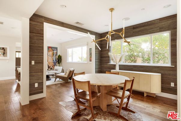 Dining room, Interior, Pendant Lights, Recessed Lighting, Wood Texture Flooring, Wooden Walls