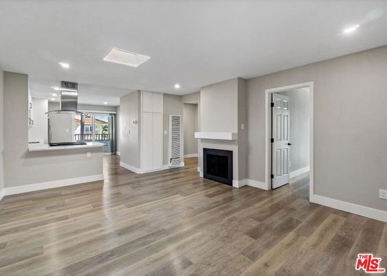 Empty room, Fireplace, Interior, Recessed Lighting, Wood Texture Flooring