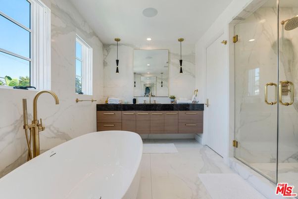 Bathroom, Dual Sink Vanities, Free Standing Baths, Glass Shower, Interior, Marble, Marble Walls, Recessed Lighting
