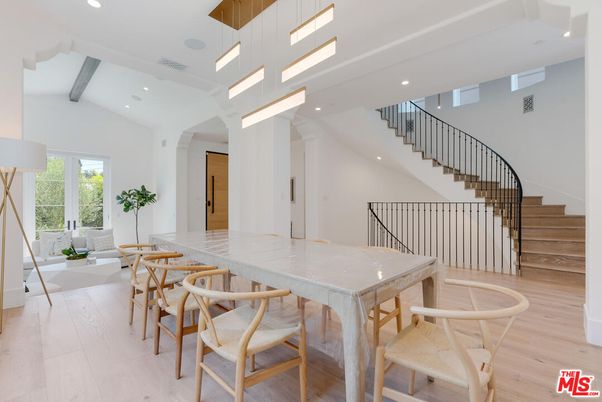 Dining room, Interior, Pendant Lights, Recessed Lighting, Wooden Beams, Wood Texture Flooring