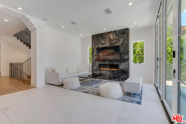 Fireplace, Interior, Living room, Marble, Recessed Lighting, Wood Texture Flooring
