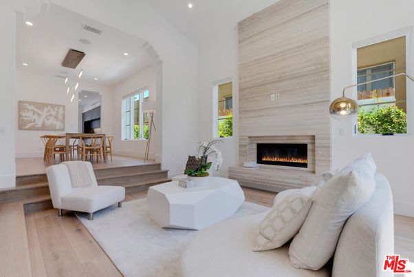 Dining room, Fireplace, Interior, Living room, Pendant Lights, Recessed Lighting, Wood Texture Flooring