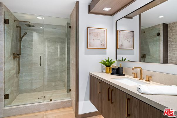 Bathroom, Glass Shower, Interior, Recessed Lighting, Wood Texture Flooring