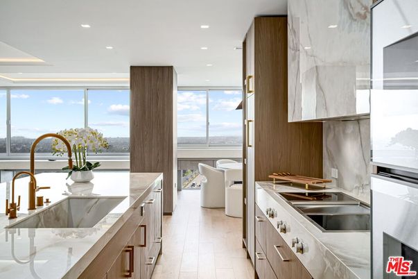 Interior, Kitchen, Marble Walls, Recessed Lighting, Stainless Steel Appliances, Water, Wood Texture Flooring