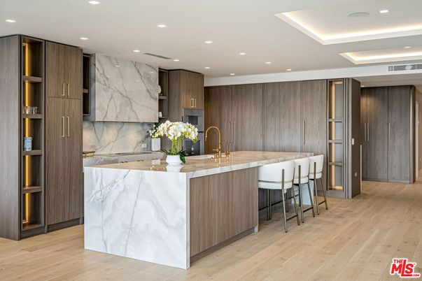 Interior, Kitchen, Marble Walls, Recessed Lighting, Wood Texture Flooring