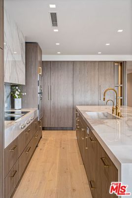 Interior, Kitchen, Marble Walls, Recessed Lighting, Stainless Steel Appliances, Wood Texture Flooring