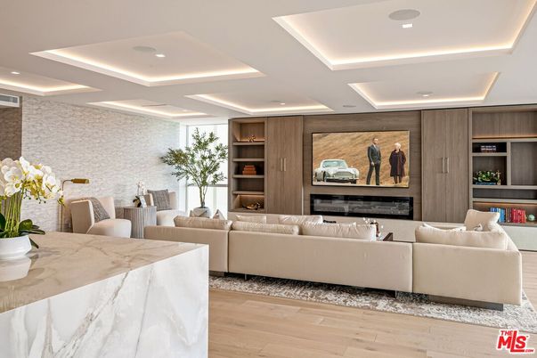 Fireplace, Interior, Living room, Recessed Lighting, Wood Texture Flooring