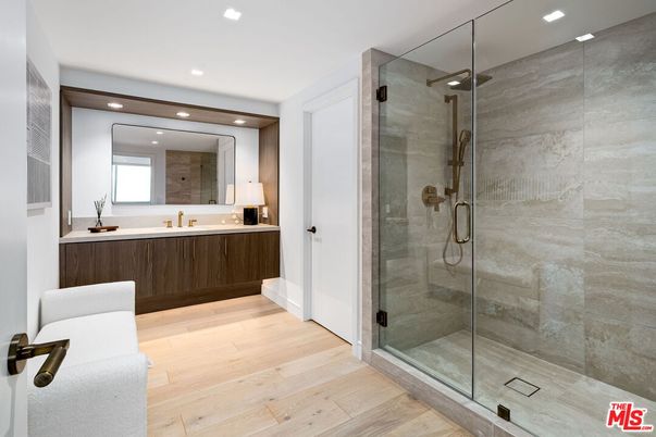 Bathroom, Glass Shower, Interior, Recessed Lighting, Wood Texture Flooring