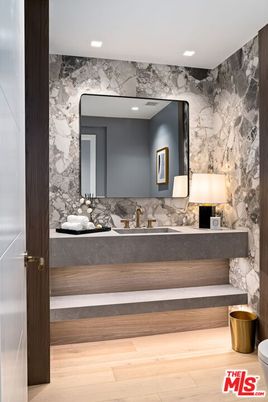 Bathroom, Interior, Marble Walls, Recessed Lighting, Wood Texture Flooring
