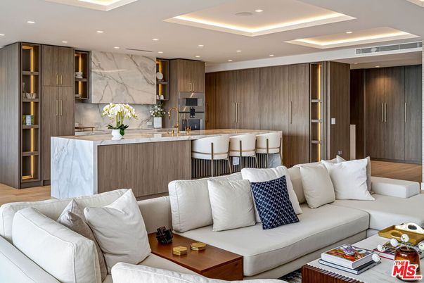 Interior, Kitchen, Living room, Marble Walls, Recessed Lighting, Wood Texture Flooring