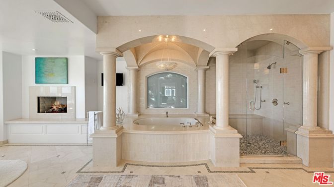 Bathroom, Fireplace, Glass Shower, Interior, Recessed Lighting