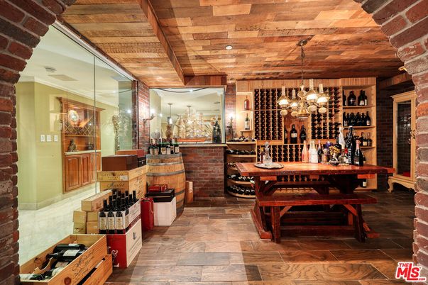 Chandelier, Interior, Stone Walls, Wine Storage, Wooden Ceilings, Wood Texture Flooring
