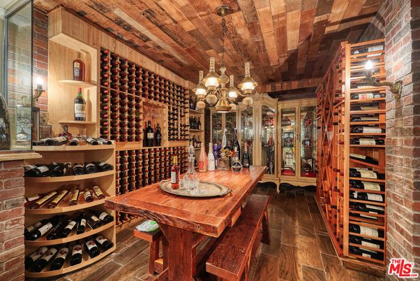 Chandelier, Interior, Stone Walls, Wine Storage, Wooden Ceilings, Wood Texture Flooring