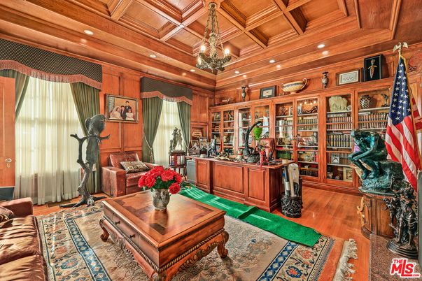 Chandelier, Home Office, Interior, Living room, Recessed Lighting, Wooden Beams, Wooden Ceilings, Wood Texture Flooring, Wooden Walls
