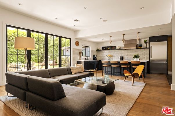 Dining room, Interior, Kitchen, Living room, Pendant Lights, Recessed Lighting, Stone Walls, Wood Texture Flooring