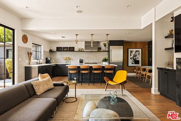 Interior, Kitchen, Living room, Pendant Lights, Recessed Lighting, Stainless Steel Appliances, Stone Walls, Wood Texture Flooring