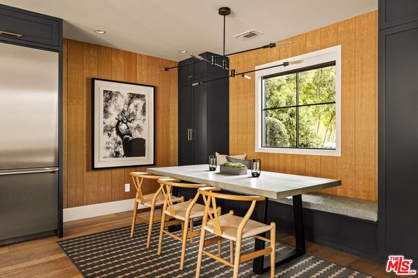 Dining room, Interior, Pendant Lights, Recessed Lighting, Wood Texture Flooring, Wooden Walls