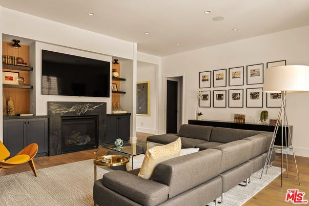 Fireplace, Interior, Living room, Recessed Lighting, Wood Texture Flooring