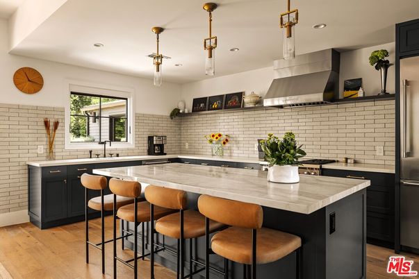 Interior, Kitchen, Pendant Lights, Recessed Lighting, Stainless Steel Appliances, Stone Walls, Wood Texture Flooring