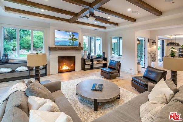 Fireplace, Interior, Living room, Pendant Lights, Recessed Lighting, Wooden Beams, Wood Texture Flooring