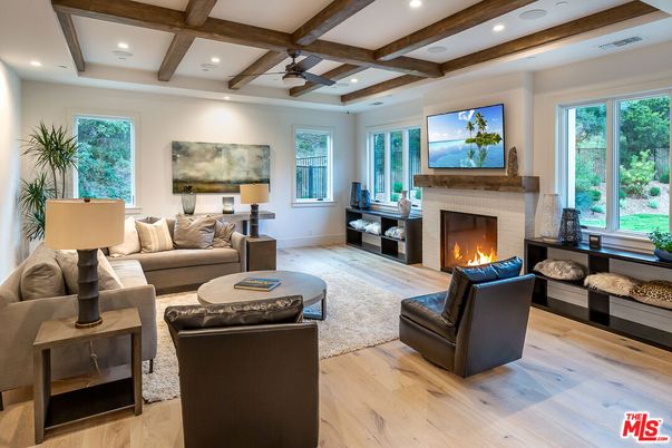 Fireplace, Interior, Living room, Recessed Lighting, Wooden Beams, Wood Texture Flooring