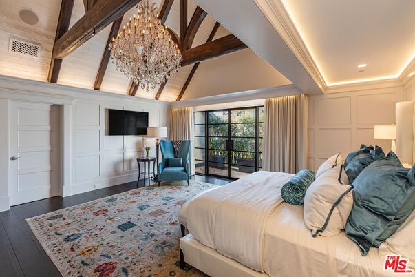Bedroom, Chandelier, Interior, Recessed Lighting, Wooden Beams, Wood Texture Flooring
