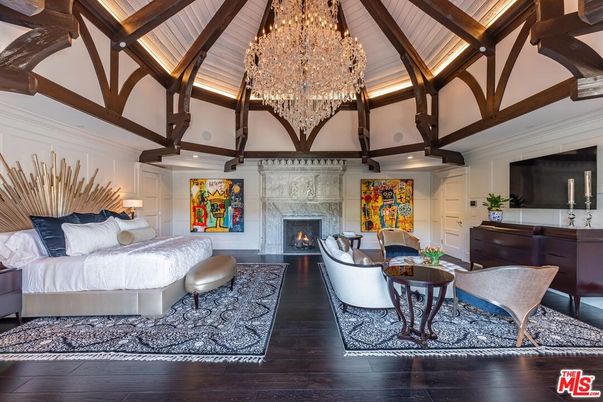 Chandelier, Fireplace, Interior, Living room, Recessed Lighting, Wooden Beams, Wood Texture Flooring