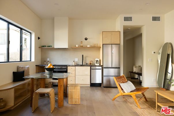 Dining room, Interior, Kitchen, Recessed Lighting, Stainless Steel Appliances, Wood Texture Flooring