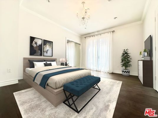 Bedroom, Chandelier, Interior, Recessed Lighting, Wood Texture Flooring