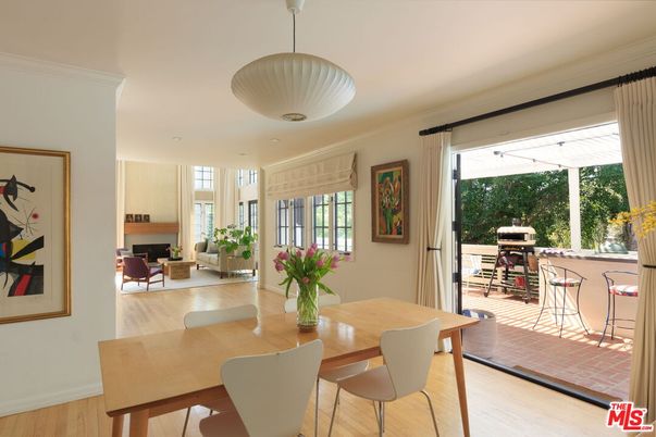 Dining room, Fireplace, Interior, Pendant Lights, Wood Texture Flooring