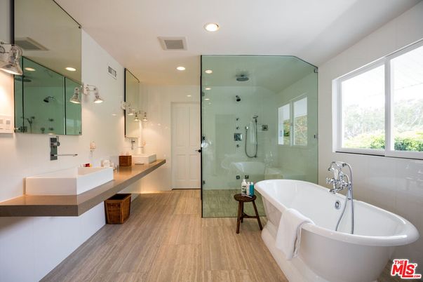 Bathroom, Free Standing Baths, Glass Shower, Interior, Recessed Lighting, Wood Texture Flooring