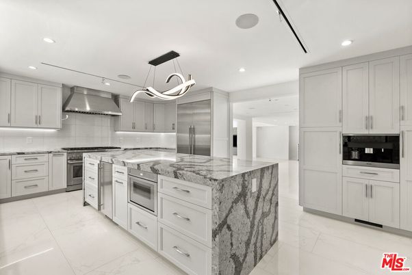 Interior, Kitchen, Marble, Pendant Lights, Recessed Lighting, Stainless Steel Appliances