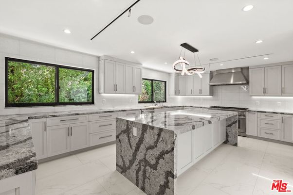 Interior, Kitchen, Marble, Pendant Lights, Recessed Lighting, Stainless Steel Appliances