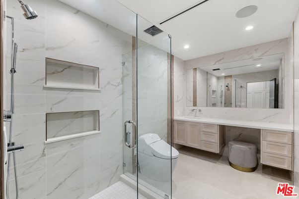 Bathroom, Glass Shower, Interior, Marble Walls, Recessed Lighting