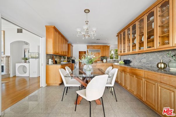 Chandelier, Dining room, Fireplace, Interior, Kitchen, Recessed Lighting, Wood Texture Flooring