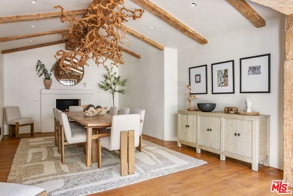 Dining room, Fireplace, Interior, Recessed Lighting, Wooden Beams, Wood Texture Flooring