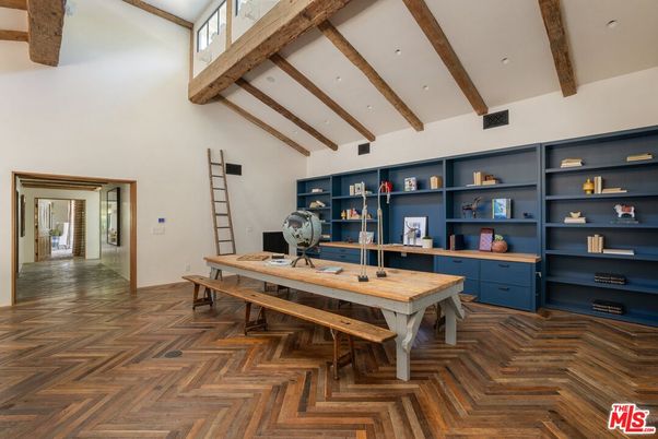 Home Office, Interior, Recessed Lighting, Wooden Beams, Wood Texture Flooring
