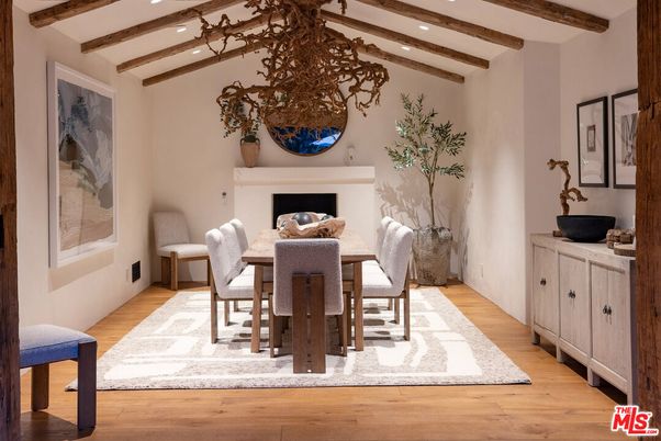 Dining room, Fireplace, Interior, Recessed Lighting, Wooden Beams, Wood Texture Flooring